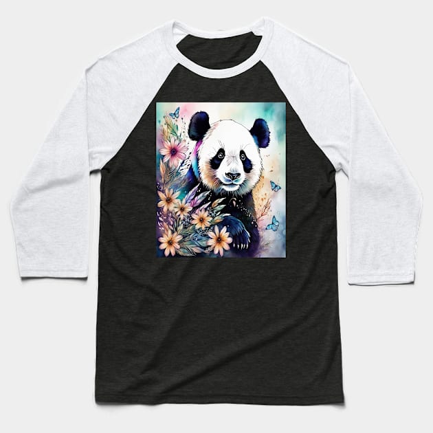 Fantasy, Watercolor, Panda Bear With Flowers and Butterflie Baseball T-Shirt by BirdsnStuff